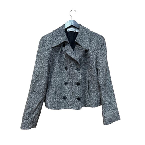Anne Klein Wool Cropped Blazer Size 10 Black White Double Breasted Lined Jacket - Picture 1 of 16